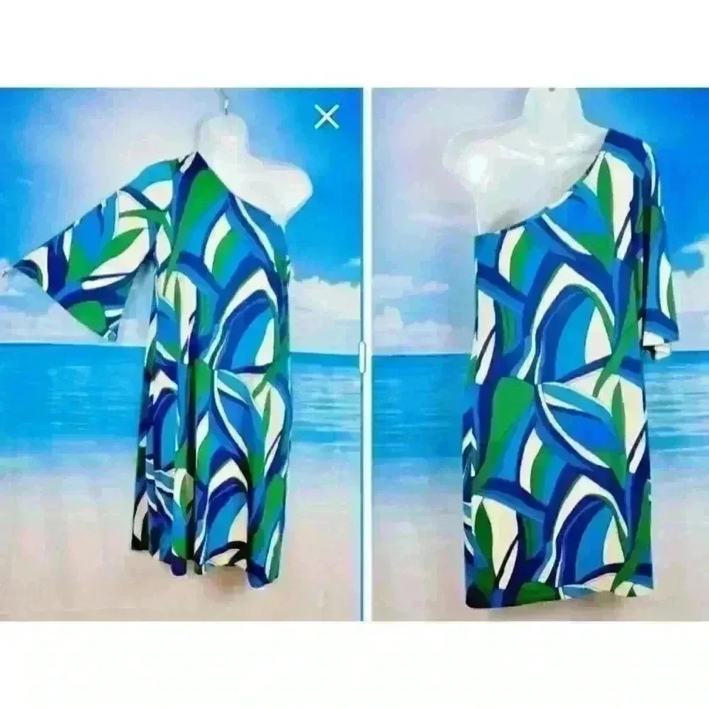 SEE YOU IN MIAMI Womans ONE SLEEVE Dress STRETCH Multi Color Colorful size S/M